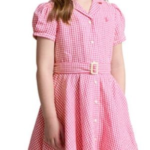 Polo Ralph Lauren kid belted gingham linen dress short sleeve button logo Sz 5